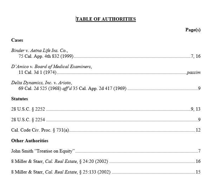 sample table of authorities